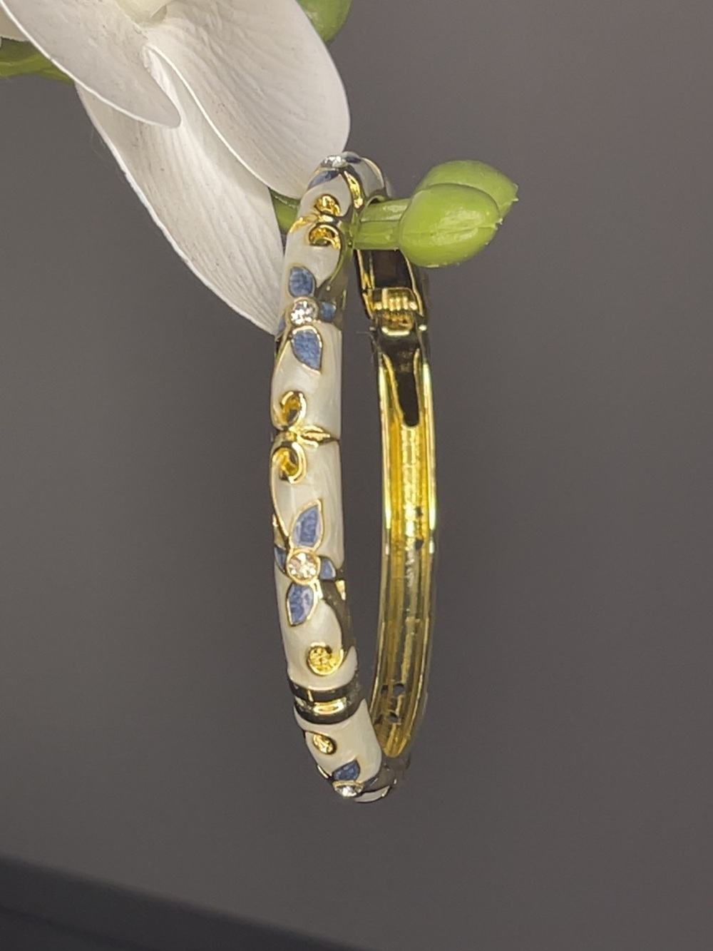 Gold and White Floral Enamel Hinged Bangle Bracelet